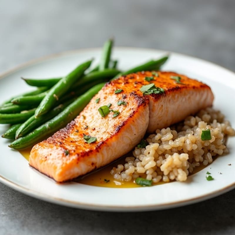 Seared Salmon Fillet with Garlic Green Beans and Brown Rice