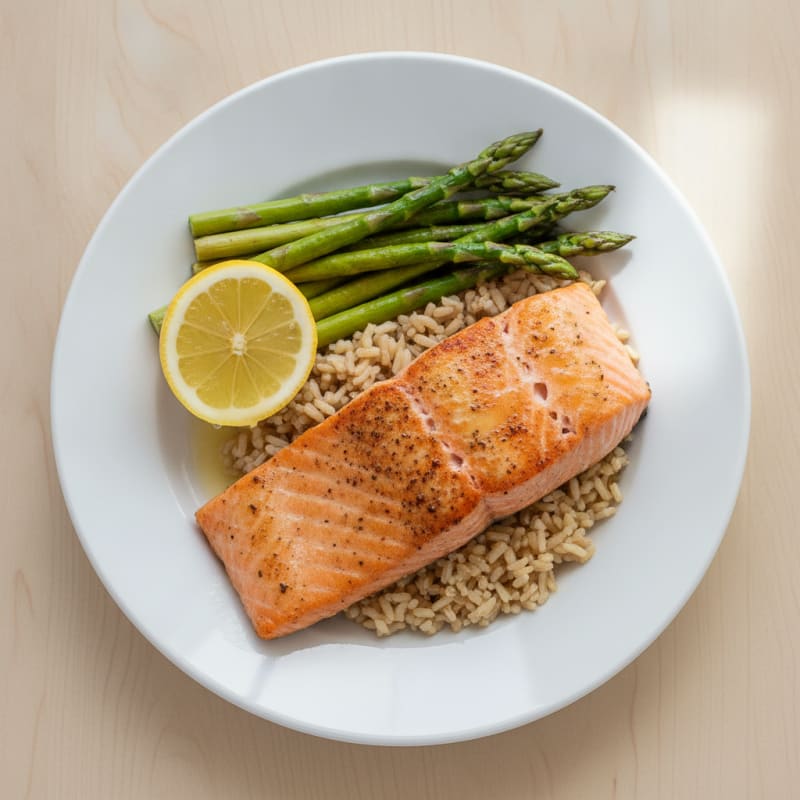 Seared Salmon Fillet with Steamed Asparagus and Brown Rice