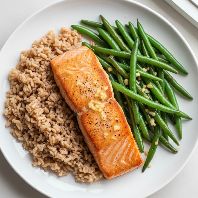 Seared Salmon with Garlic Green Beans and Brown Rice