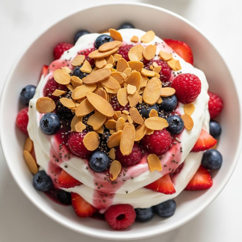 Greek Yogurt Protein Parfait with Mixed Berries and Almonds