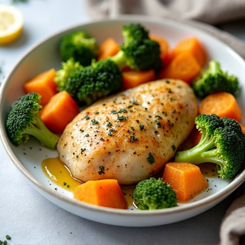 Sheet Pan Lemon-Herb Roasted Chicken with Crispy Broccoli and Sweet Potato
