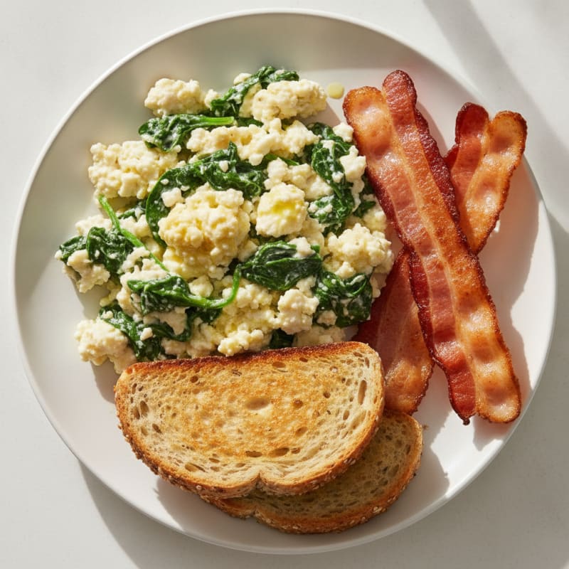 Cottage Cheese Scramble with Spinach and Turkey Bacon