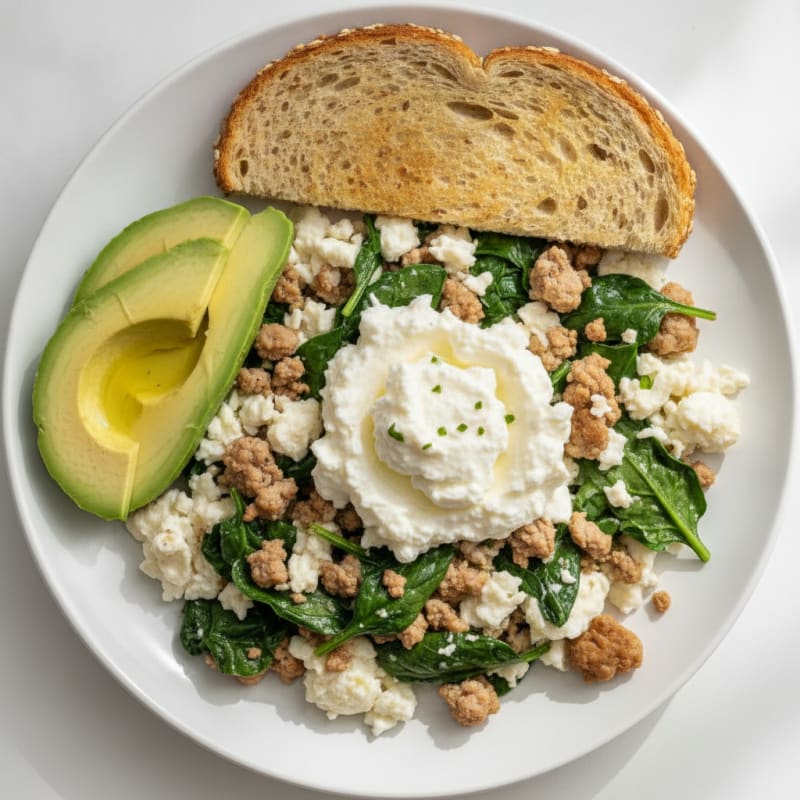 Egg White and Turkey Spinach Scramble with Cottage Cheese