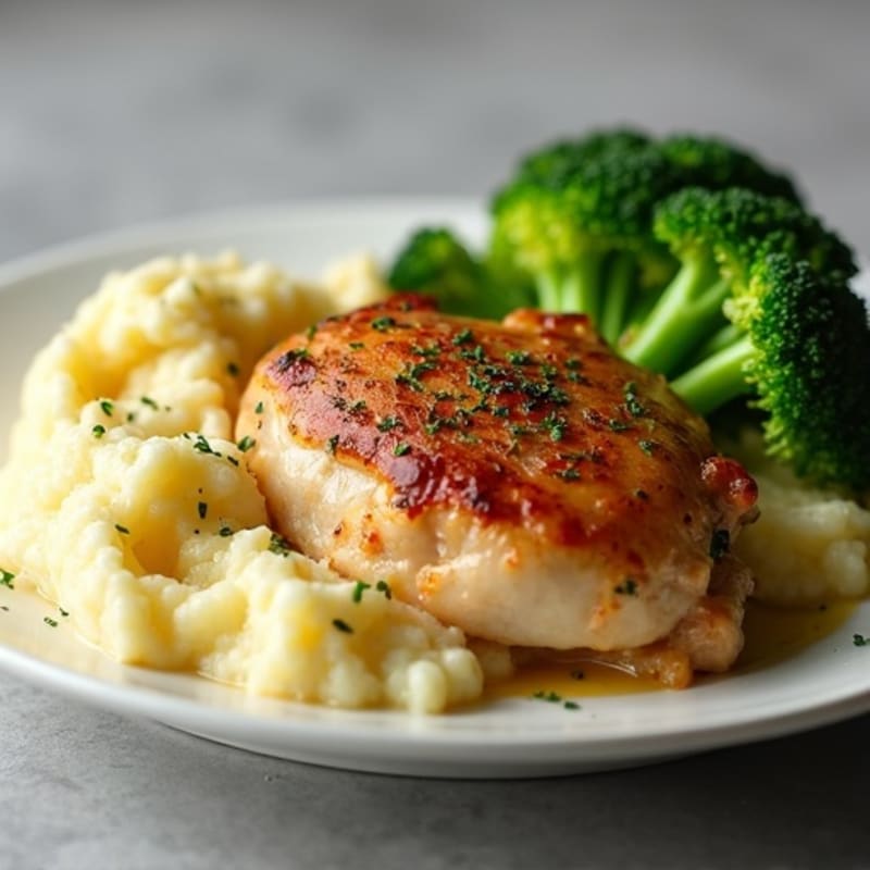Oven-Baked Chicken Thighs with Garlic Mashed Potatoes and Steamed Broccoli