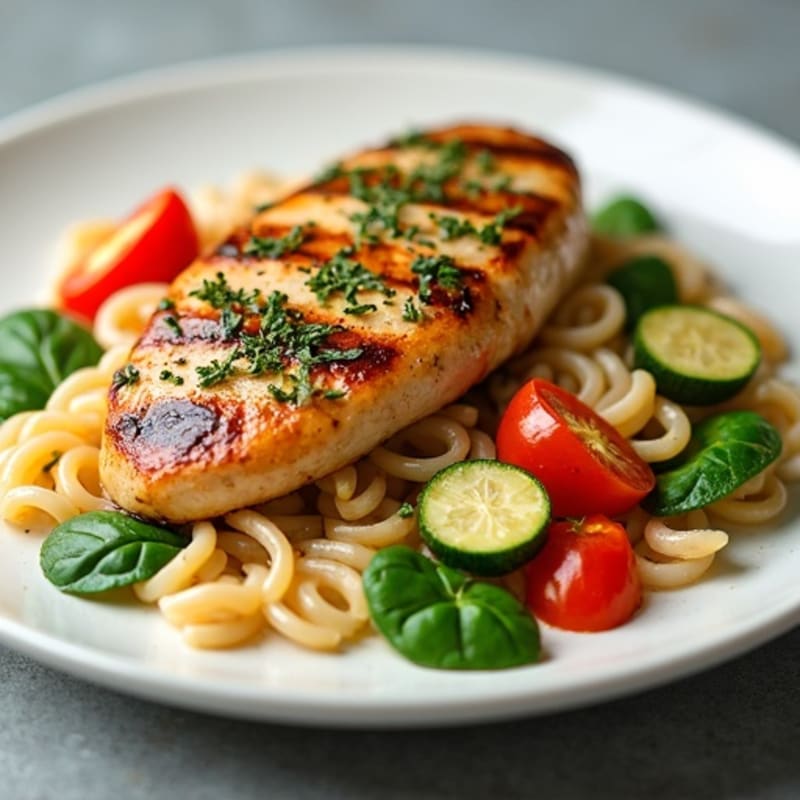 Herb-Grilled Chicken Breast with Creamy Vegetable Pasta
