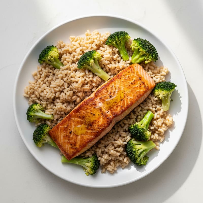 Seared Salmon with Steamed Broccoli and Brown Rice