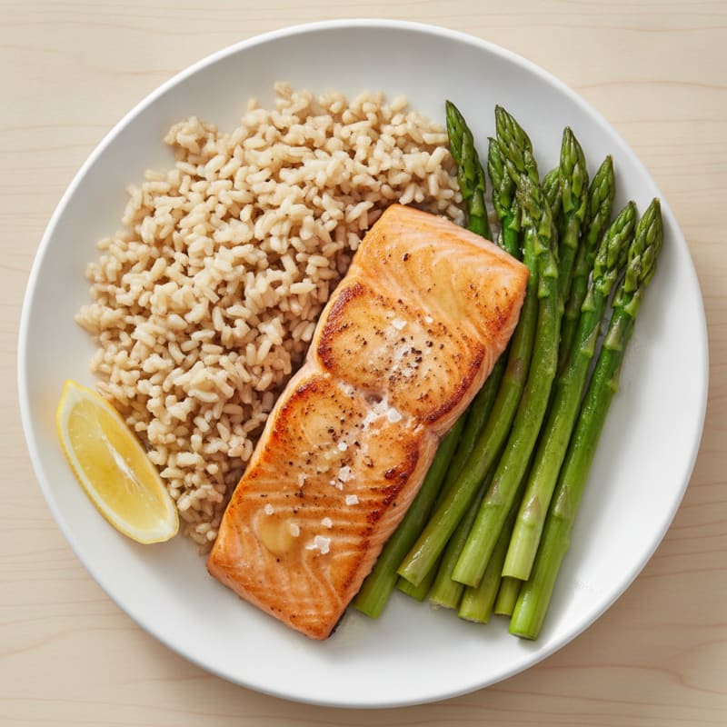 Seared Salmon Fillet with Steamed Asparagus and Brown Rice