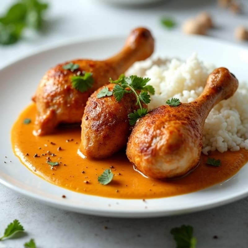 Crispy Roasted Chicken Drumsticks with Creamy Coconut Curry and Fluffy Rice