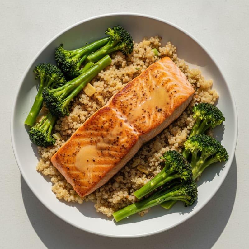 Seared Salmon with Steamed Broccoli and Garlic Quinoa