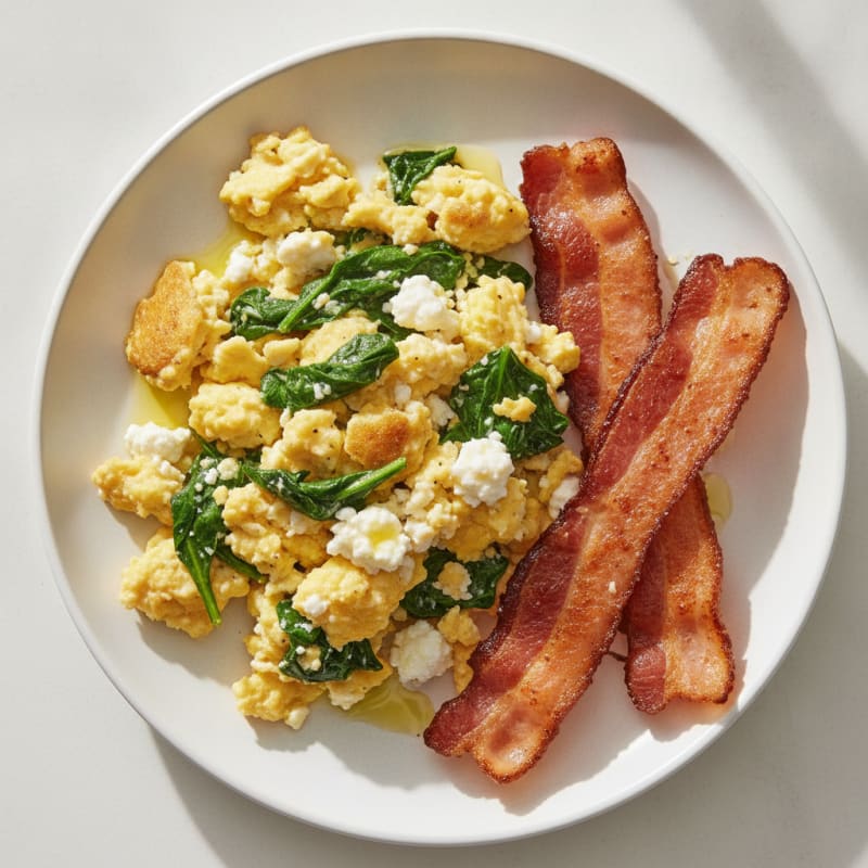 Cottage Cheese Egg Scramble with Spinach and Turkey Bacon