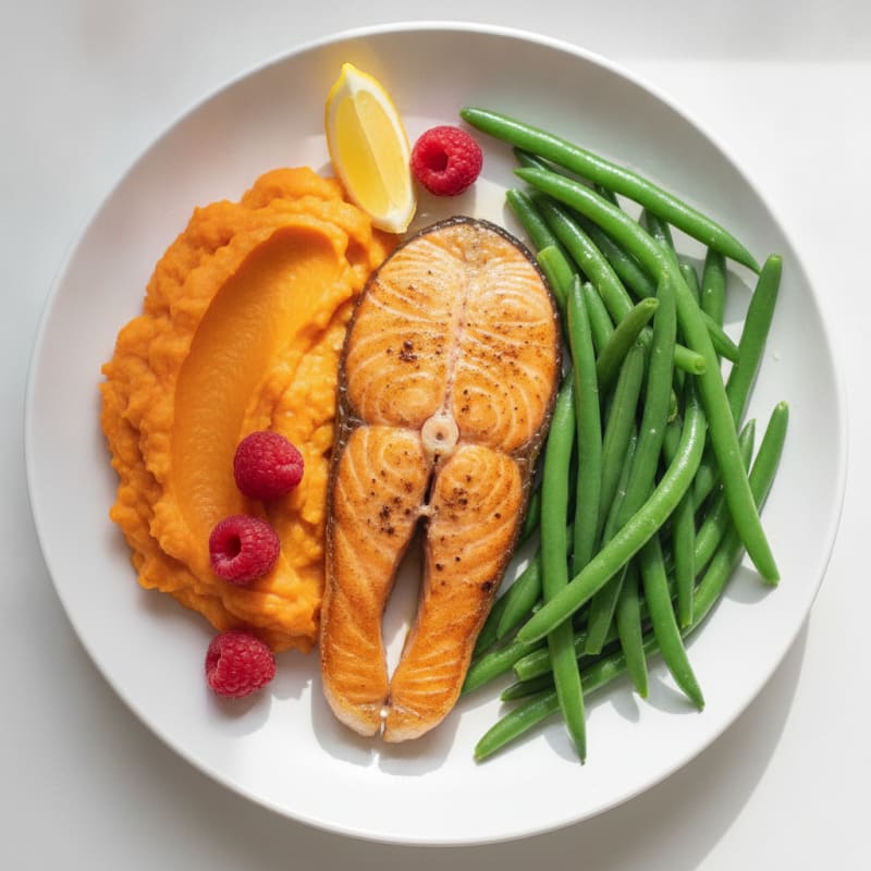 Seared Salmon with Steamed Green Beans and Sweet Potato Mash