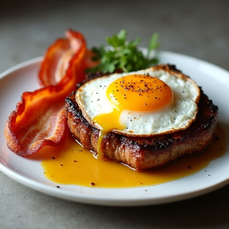 Seared Sirloin Steak with Crispy Bacon and Fried Eggs