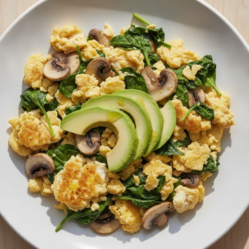Egg and Spinach Scramble with Sautéed Mushrooms and Avocado