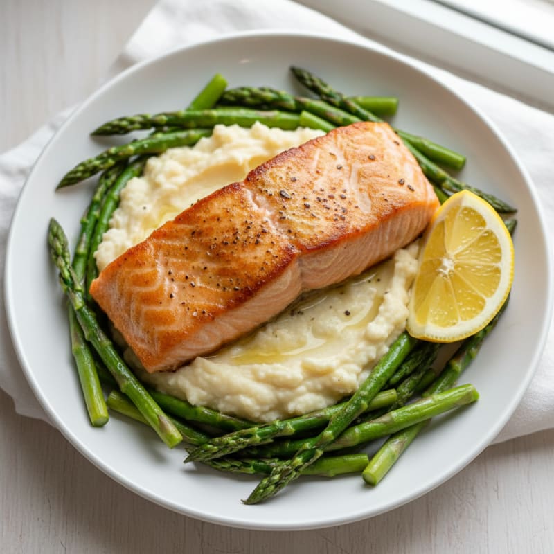 Seared Salmon with Steamed Asparagus and Cauliflower Mash