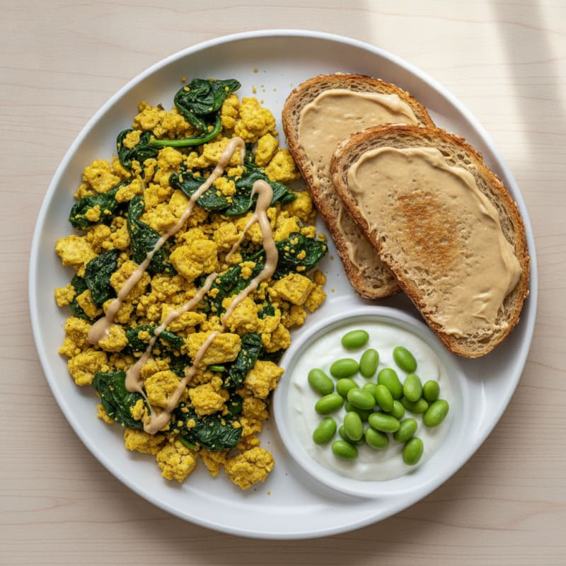 Silky Tofu Spinach Scramble with Toasted Bread and Vegan Yogurt