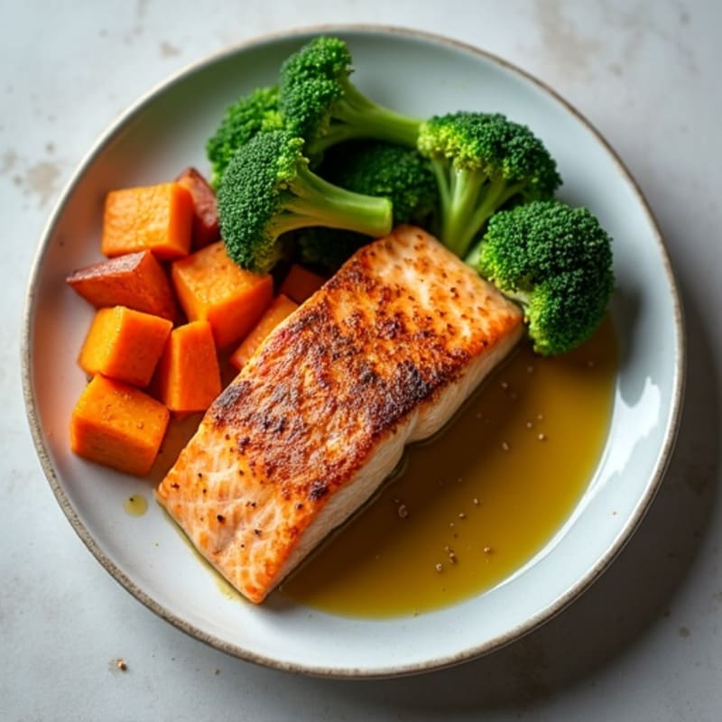 Seared Salmon with Roasted Sweet Potatoes and Steamed Broccoli