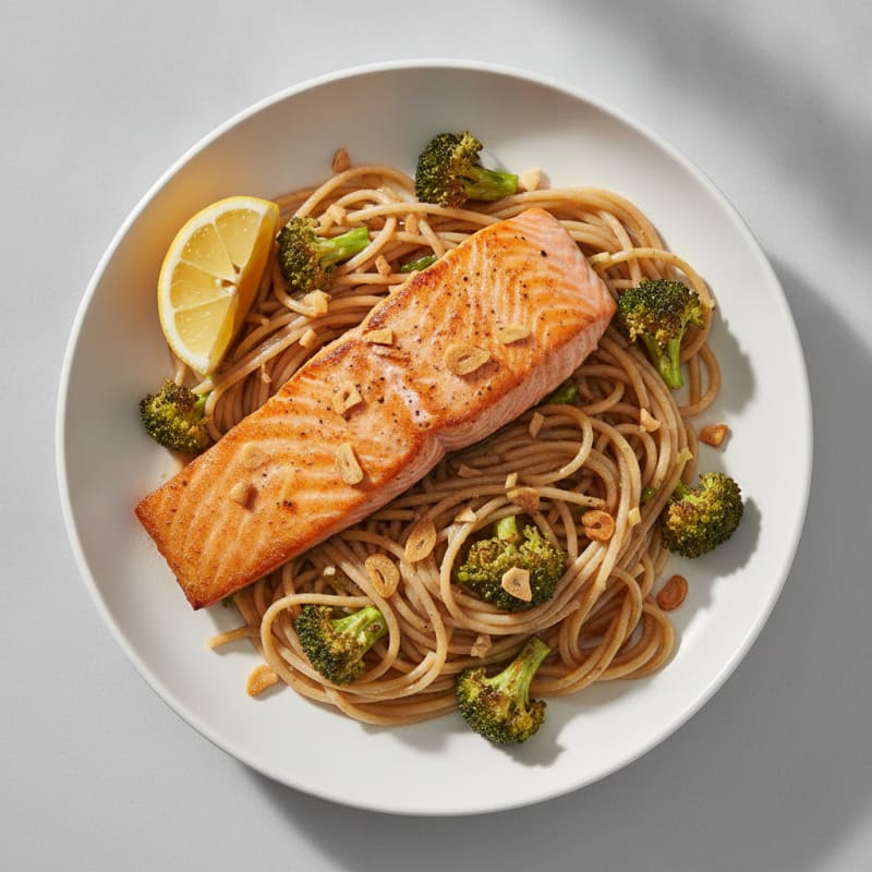 Seared Salmon with Steamed Spaghetti and Roasted Broccoli
