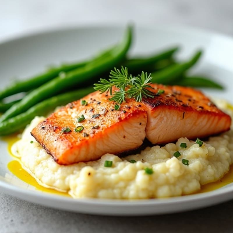 Seared Salmon with Steamed Green Beans and Cauliflower Mash