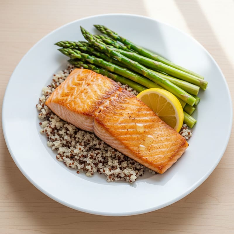 Seared Salmon with Steamed Asparagus and Quinoa