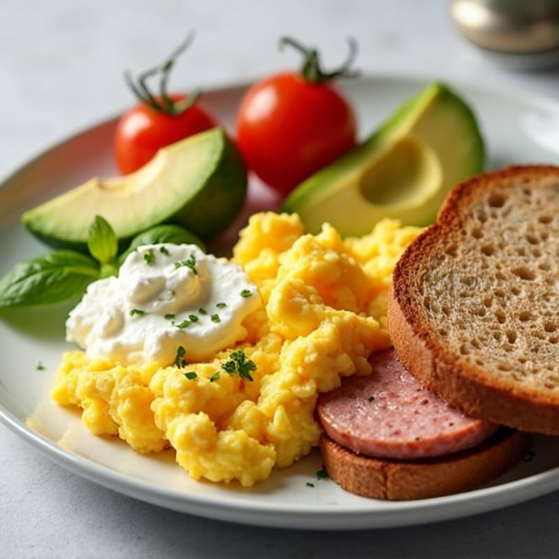 Scrambled Eggs with Turkey Sausage and Cottage Cheese