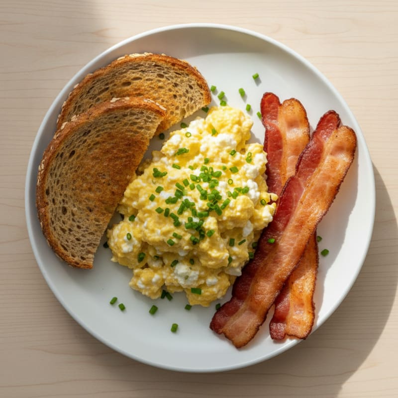 Egg and Cottage Cheese Scramble with Crispy Bacon and Toasted Bread