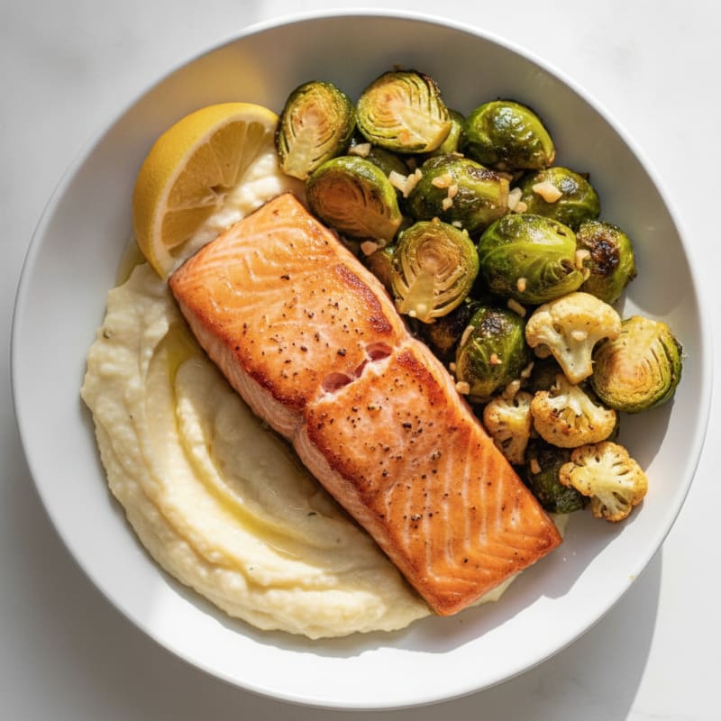 Seared Salmon with Roasted Brussels Sprouts and Cauliflower Mash