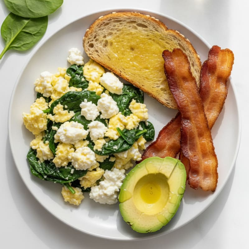 Cottage Cheese Scramble with Spinach and Turkey Bacon