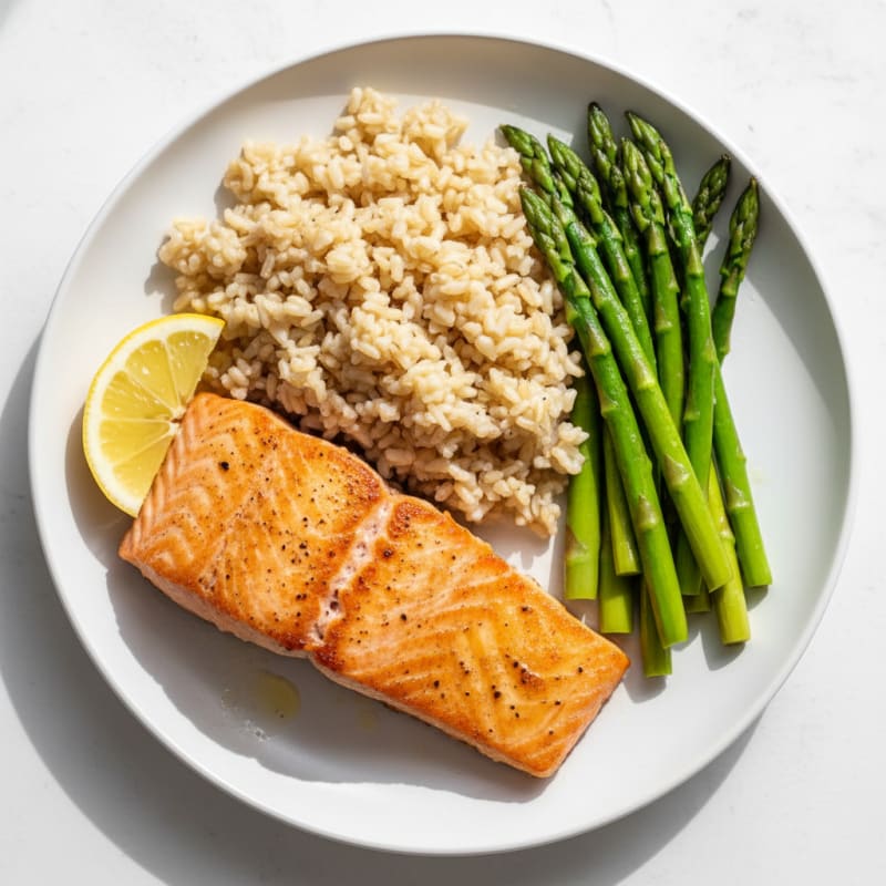 Seared Salmon with Steamed Asparagus and Brown Rice