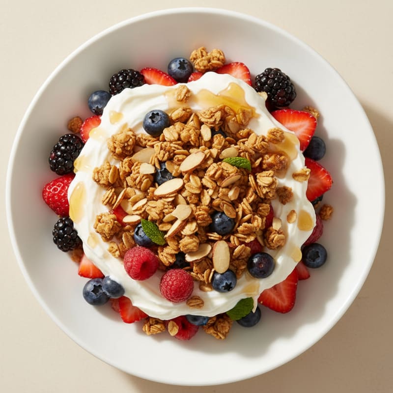 Creamy Greek Yogurt Parfait with Mixed Berries and Crunchy Almond Granola