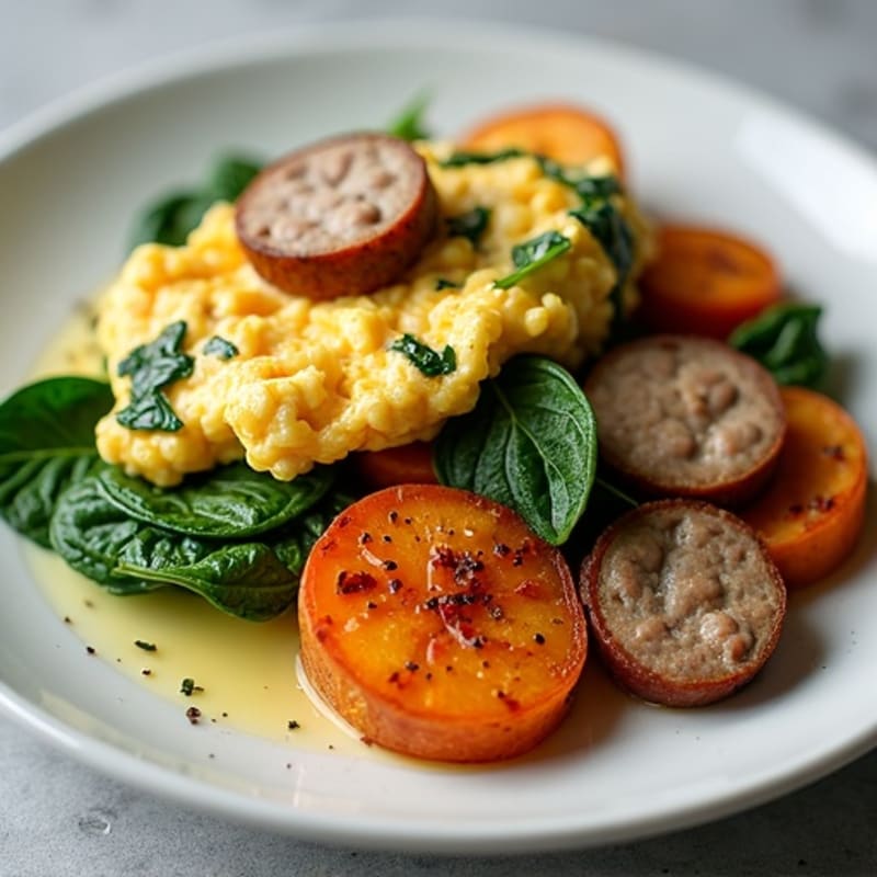 Egg White and Turkey Sausage Scramble with Spinach and Roasted Sweet Potatoes