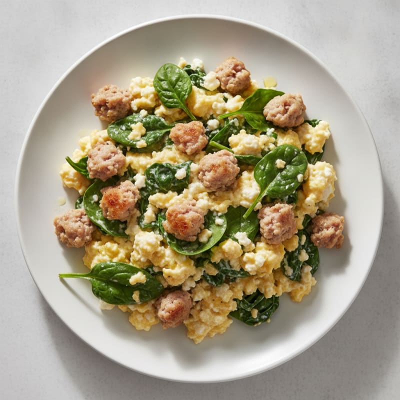 Cottage Cheese Scramble with Turkey Sausage and Spinach