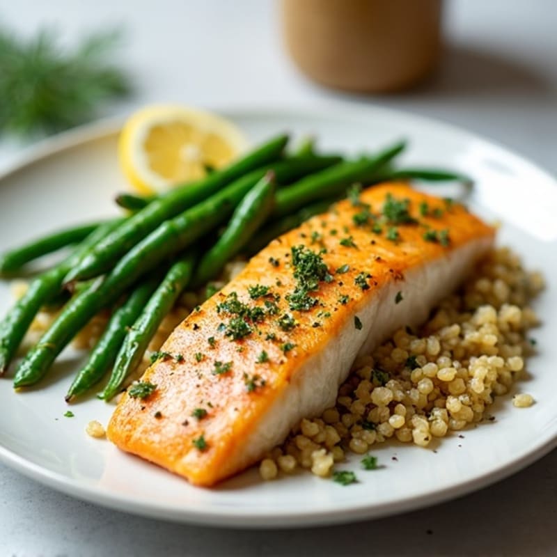 Lemon Herb Pan-Seared Mahi Mahi with Roasted Green Beans and Quinoa