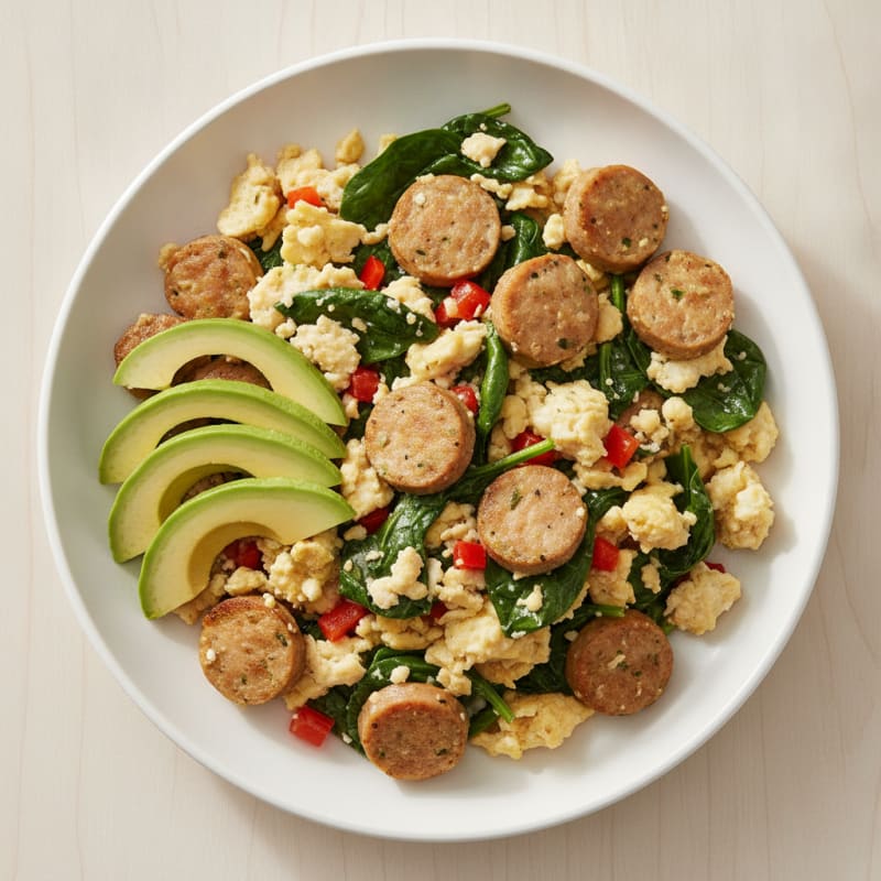 Egg White and Turkey Sausage Scramble with Sautéed Spinach