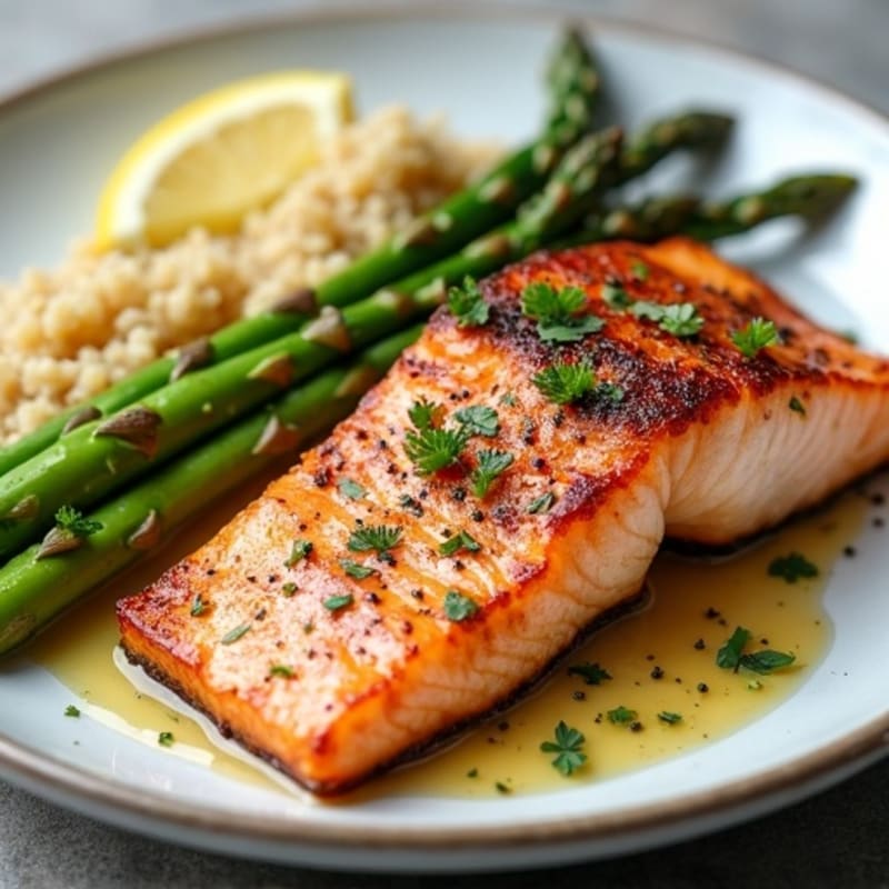 Crispy Pan-Seared Salmon with Roasted Asparagus and Quinoa