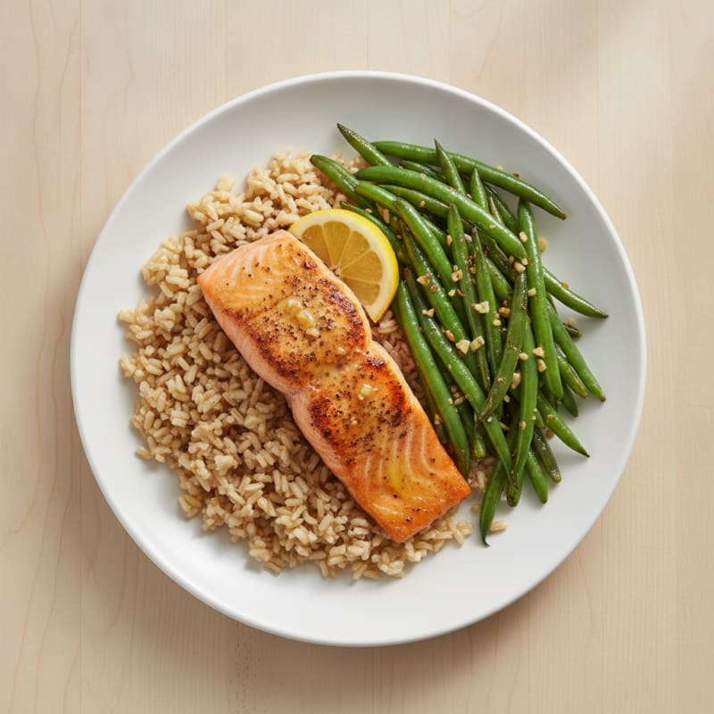 Seared Salmon Fillet with Garlic Green Beans and Brown Rice