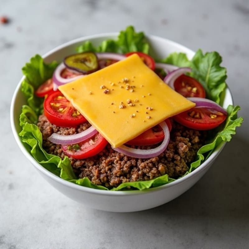 Lean Ground Beef Cheeseburger Bowl with Crispy Turkey Bacon and Fresh Greens