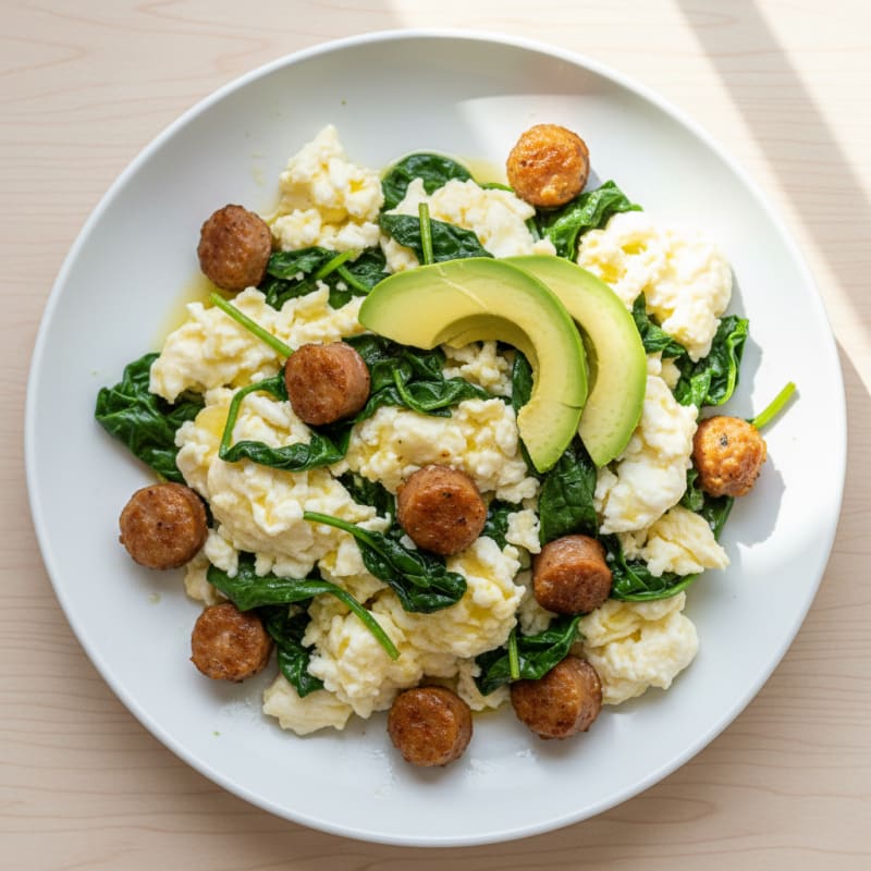 Egg White Spinach Scramble with Turkey Sausage