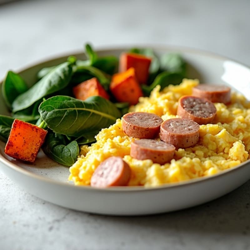 Egg White and Turkey Sausage Scramble with Spinach and Roasted Sweet Potatoes