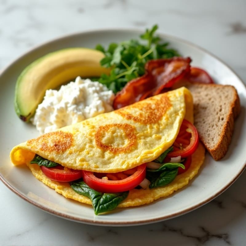 Egg White Veggie Omelet with Cottage Cheese and Turkey Bacon