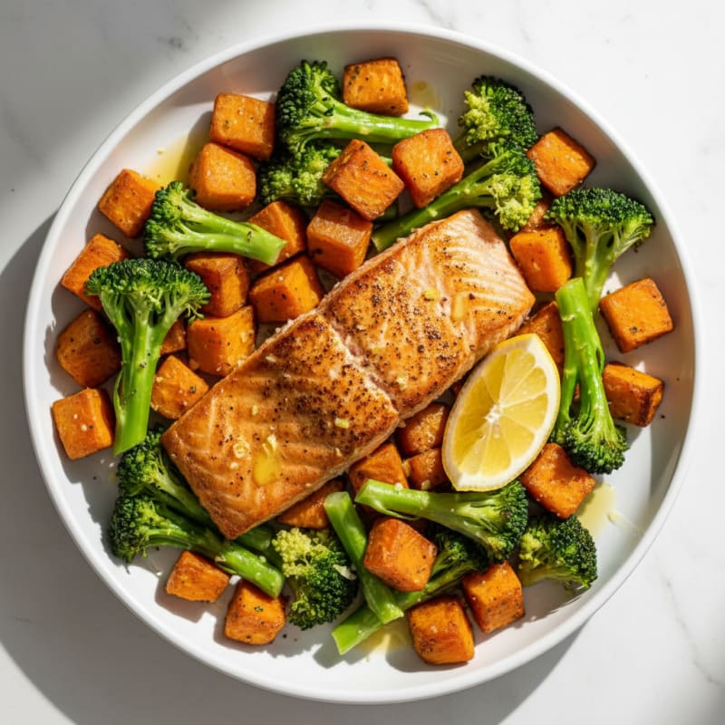 Seared Salmon with Roasted Sweet Potatoes and Steamed Broccoli