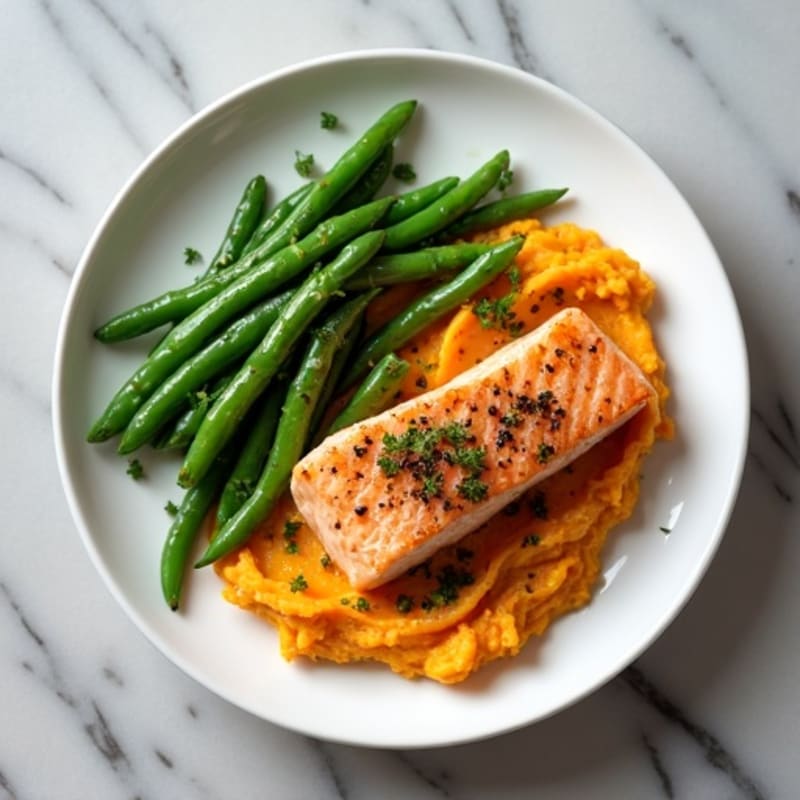 Seared Salmon with Steamed Green Beans and Sweet Potato Mash