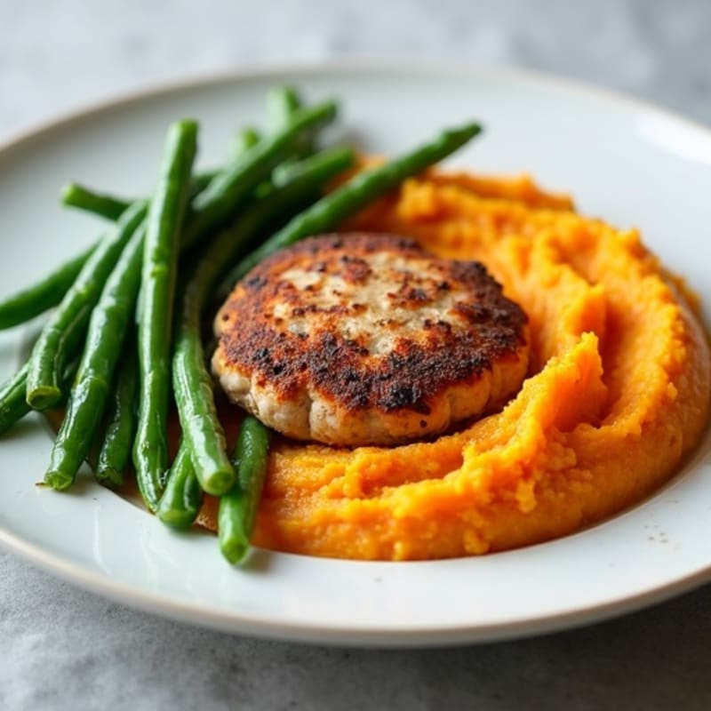 Seared Turkey Patties with Steamed Green Beans and Sweet Potato Mash
