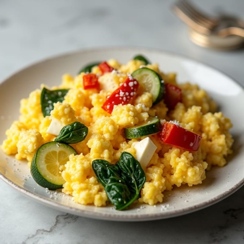 Fluffy Scrambled Eggs with Creamy Cottage Cheese and Roasted Vegetables