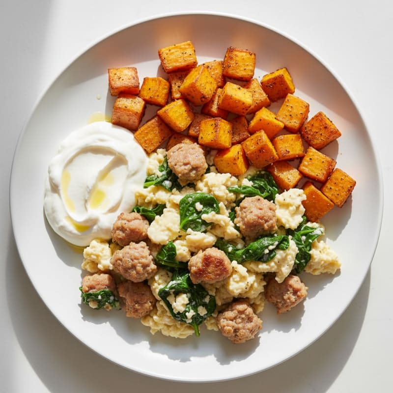 Egg White and Turkey Sausage Scramble with Greek Yogurt and Roasted Sweet Potatoes