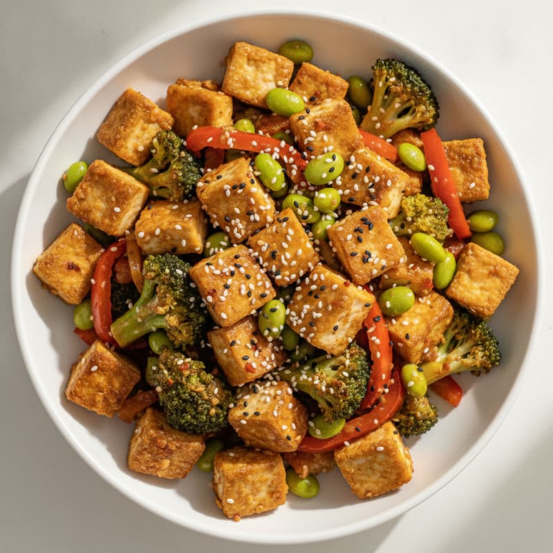 Tofu Edamame Stir-Fry with Sesame-Ginger Sauce