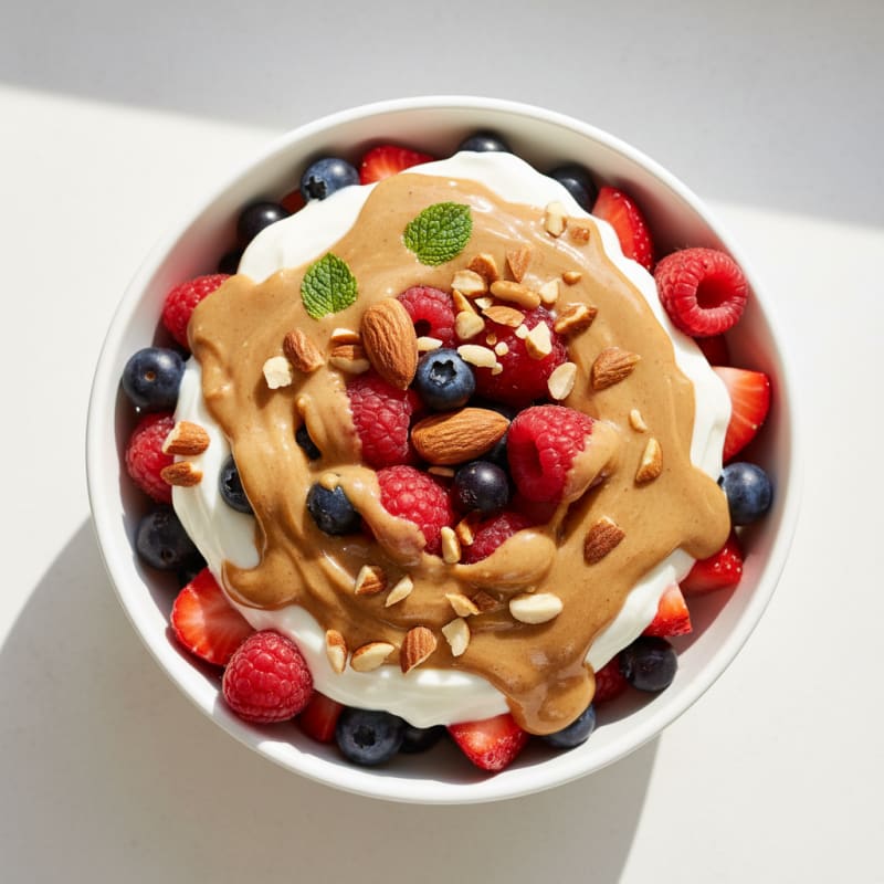 Greek Yogurt Protein Parfait with Mixed Berries and Almond Butter