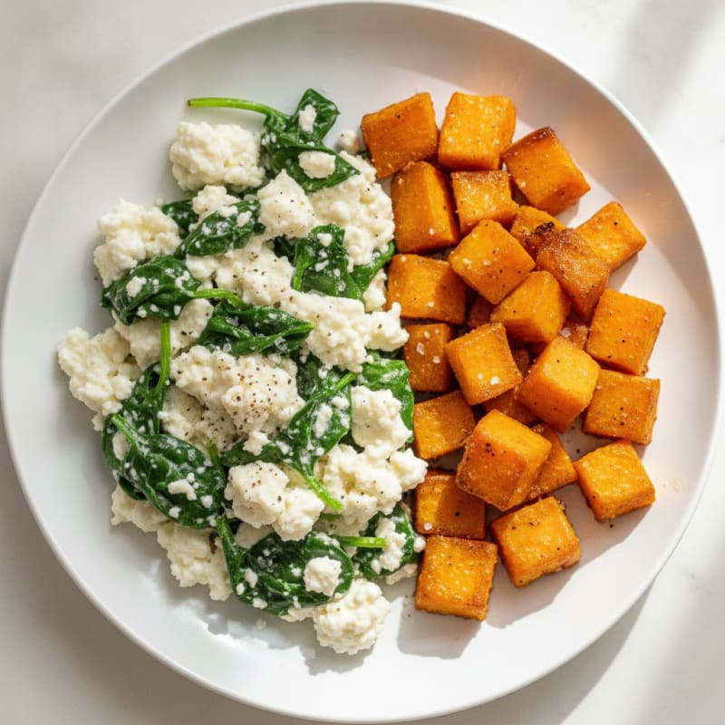 Cottage Cheese Egg White Scramble with Spinach and Roasted Sweet Potato