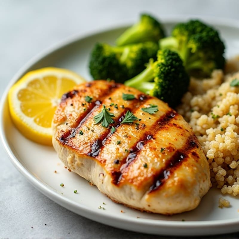 Grilled Lemon-Garlic Chicken Breast with Quinoa and Roasted Broccoli