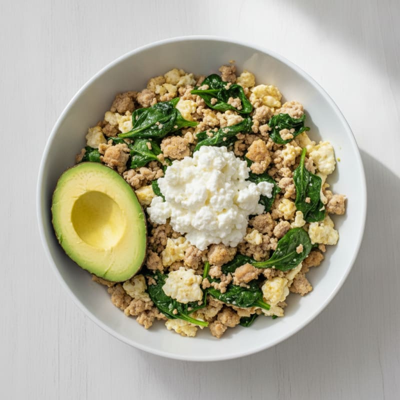 Egg White and Turkey Spinach Scramble with Cottage Cheese