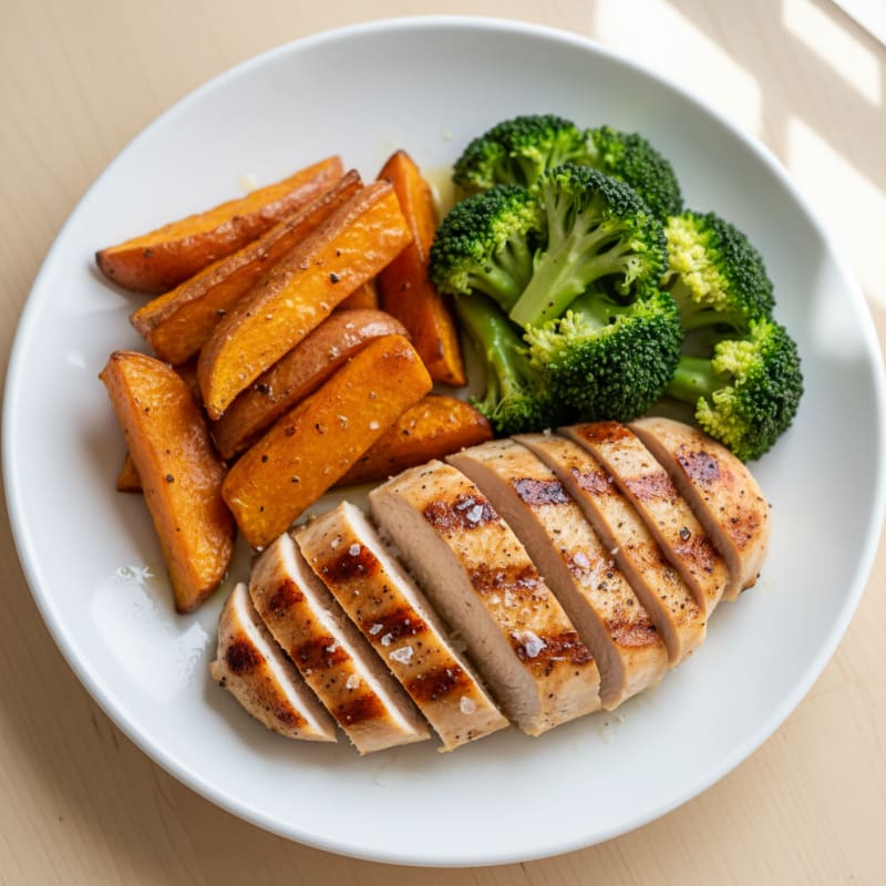 Grilled Chicken Breast with Roasted Sweet Potato and Steamed Broccoli